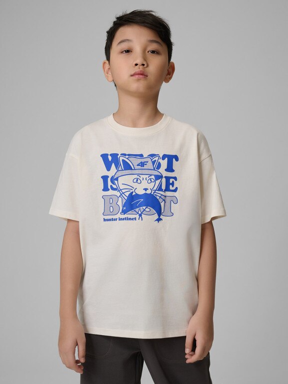 Chłopięcy t-shirt z nadrukiem 4F 4FJWSS26TTSHM2814 - biały