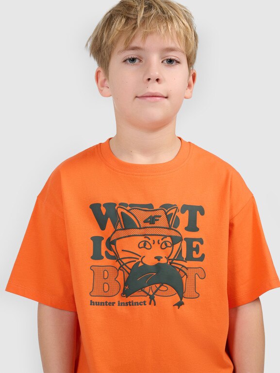 Chłopięcy t-shirt z nadrukiem 4F 4FJWSS26TTSHM2814 - pomarańczowy