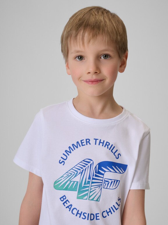 Chłopięcy t-shirt z nadrukiem 4F 4FJWSS26TTSHM3284 - biały