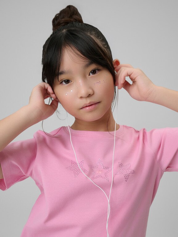 Dziewczęcy t-shirt z nadrukiem 4F 4FJRSS26TTSHF3455 - różowy