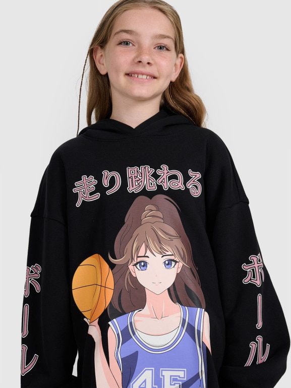 Dziewczęca bluza dresowa nierozpinana z kapturem 4F 4FJRAW25TSWSF2293 - czarna