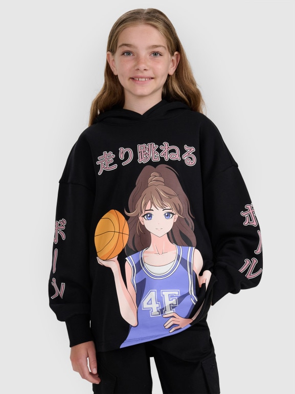 Dziewczęca bluza dresowa nierozpinana z kapturem 4F 4FJRAW25TSWSF2293 - czarna