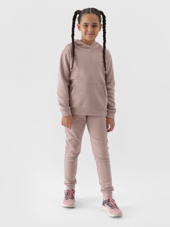 Dziewczęca bluza dresowa nierozpinana z kapturem 4F 4FJWMM00TSWSF1316 - beżowa