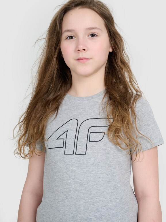 Dziewczęca koszulka oversize z nadrukiem 4F 4FJWMM00TTSHF2333 - szara