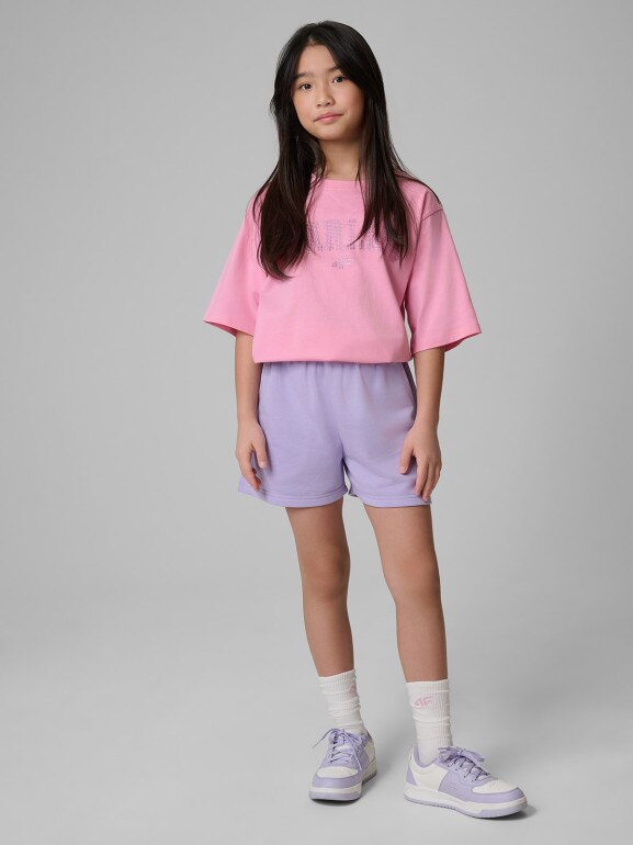 Dziewczęce spodenki dresowe 4F 4FJWSS26TSHOF777 - fioletowe