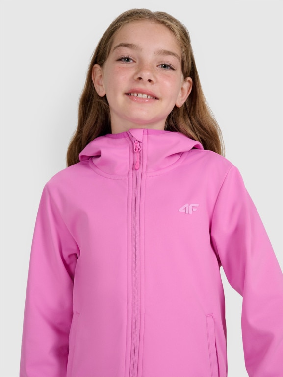 Dziewczęcy softshell rozpinany z kapturem 4F 4FJRAW25TSOFF515 - różowy