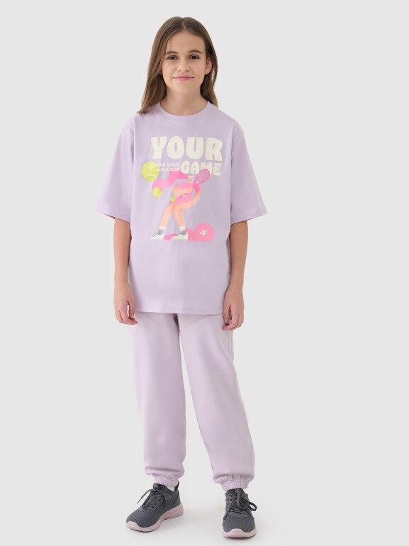 Dziewczęcy t-shirt oversize z nadrukiem 4F 4FJASAW24TTSHF2592 - różowy