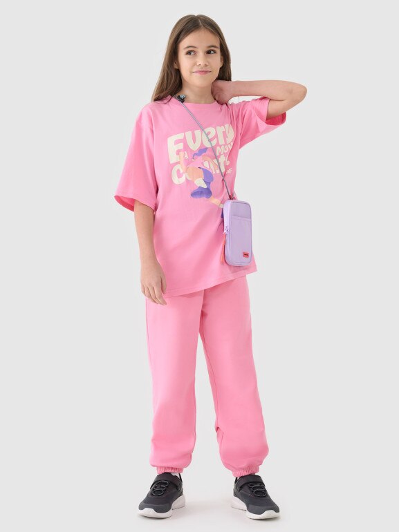 Dziewczęcy t-shirt oversize z nadrukiem 4F 4FJASAW24TTSHF2592 - różowy