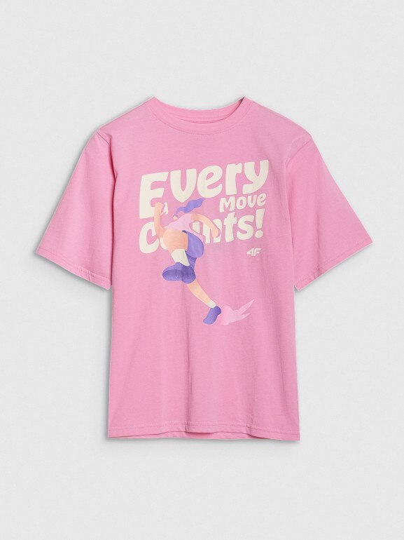 Dziewczęcy t-shirt oversize z nadrukiem 4F 4FJASAW24TTSHF2592 - różowy