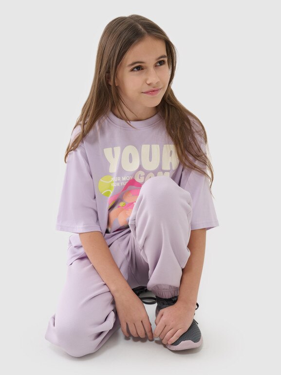 Dziewczęcy t-shirt oversize z nadrukiem 4F 4FJASAW24TTSHF2592 - różowy