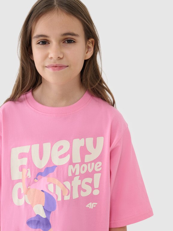 Dziewczęcy t-shirt oversize z nadrukiem 4F 4FJASAW24TTSHF2592 - różowy
