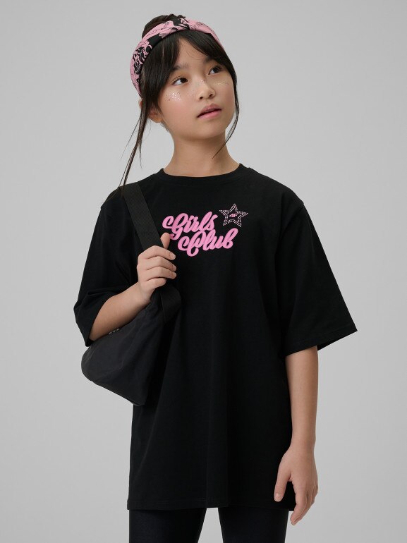 Dziewczęcy t-shirt z nadrukiem 4F 4FJRSS26TTSHF3452 - czarny