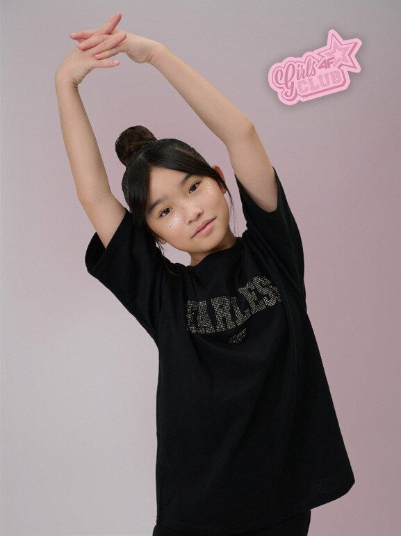 Dziewczęcy t-shirt z nadrukiem 4F 4FJRSS26TTSHF3453 - czarny