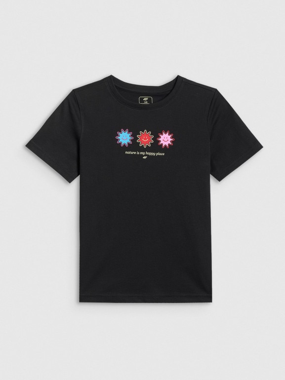 Dziewczęcy t-shirt z nadrukiem 4F 4FJRSS26TTSHF3678 - czarny