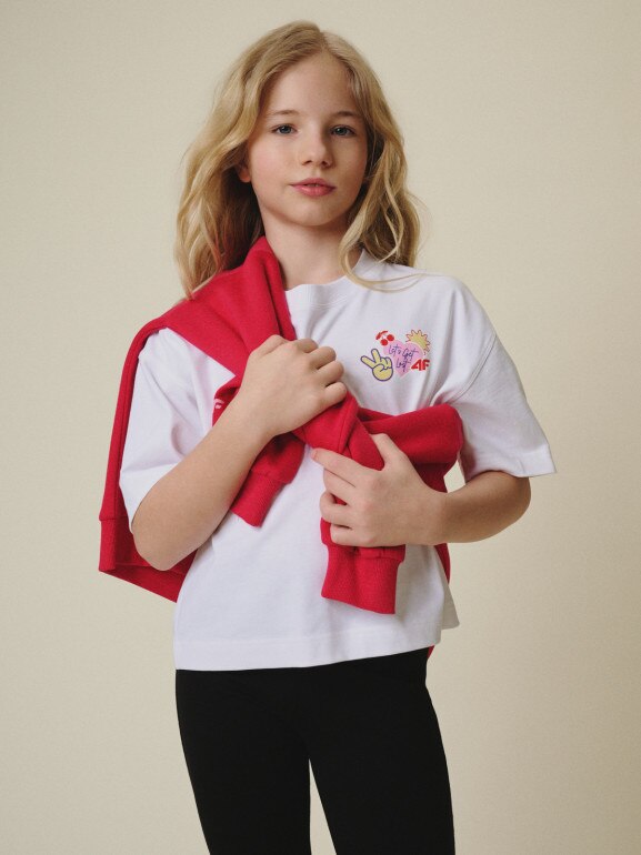 Dziewczęcy t-shirt z nadrukiem 4f 4FJRSS26TTSHF3679 - biały