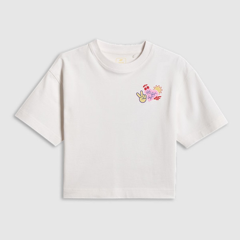 Dziewczęcy t-shirt z nadrukiem 4f 4FJRSS26TTSHF3679 - biały