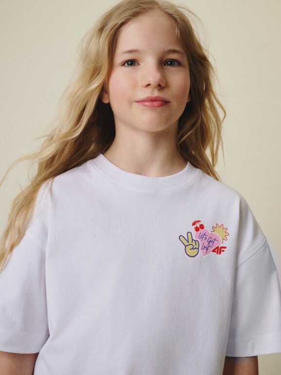 Dziewczęcy t-shirt z nadrukiem 4f 4FJRSS26TTSHF3679 - biały
