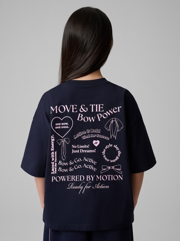 Dziewczęcy t-shirt z nadrukiem 4F 4FJRSS26TTSHF3690 - granatowy
