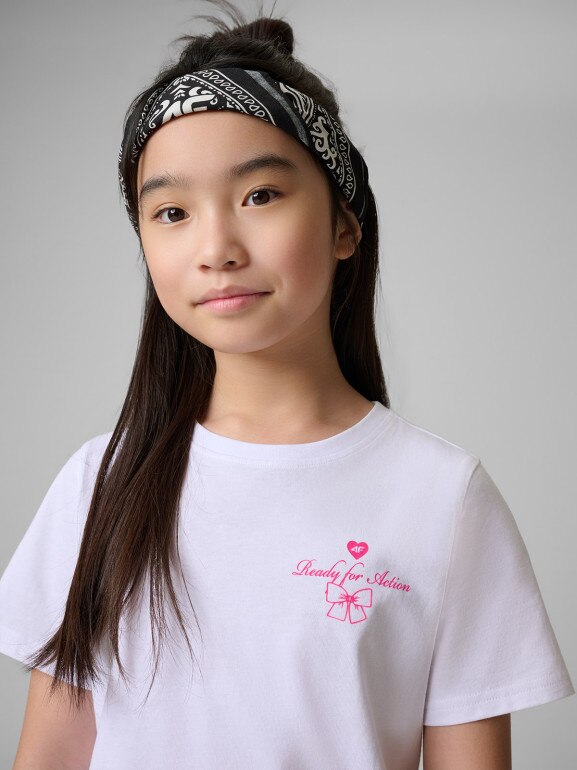 Dziewczęcy t-shirt z nadrukiem 4F 4FJRSS26TTSHF3691 - biały