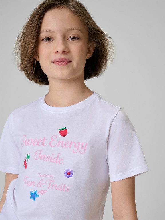 Dziewczęcy t-shirt z nadrukiem 4F 4FJRSS26TTSHF3824 - biały