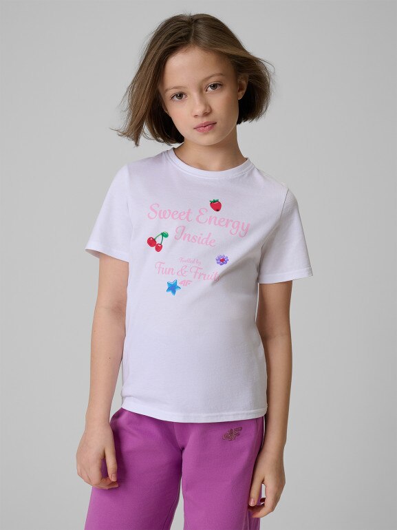 Dziewczęcy t-shirt z nadrukiem 4F 4FJRSS26TTSHF3824 - biały