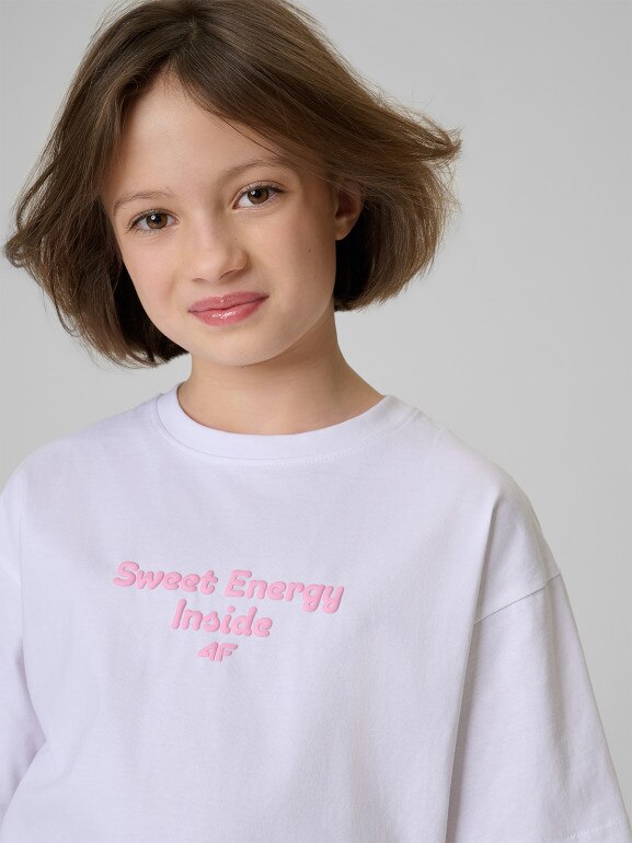 Dziewczęcy t-shirt z nadrukiem 4F 4FJRSS26TTSHF3825 - biały