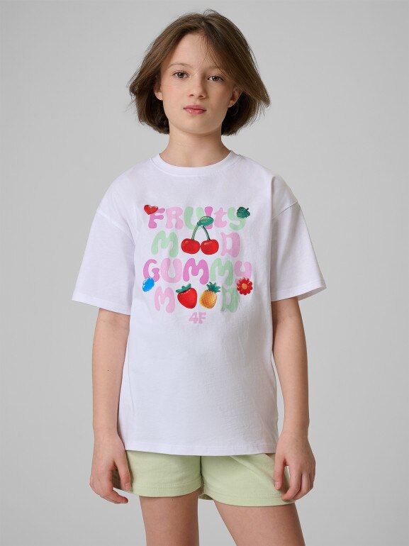 Dziewczęcy t-shirt z nadrukiem 4F 4FJRSS26TTSHF3828 - biały