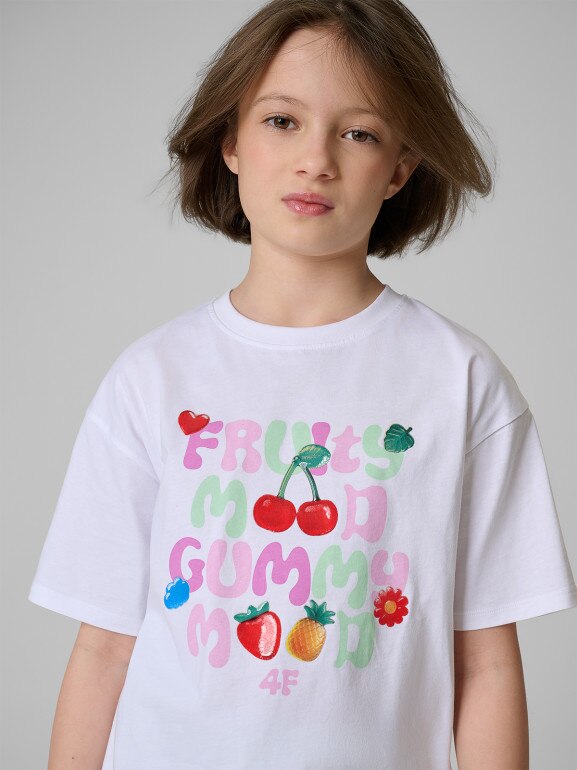 Dziewczęcy t-shirt z nadrukiem 4F 4FJRSS26TTSHF3828 - biały