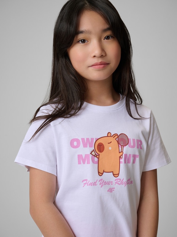 Dziewczęcy t-shirt z nadrukiem 4F 4FJRSS26TTSHF3869 - biały