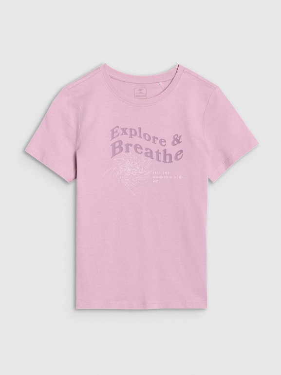 Dziewczęcy t-shirt z nadrukiem 4F 4FJWSS25TTSHF1854 - różowy