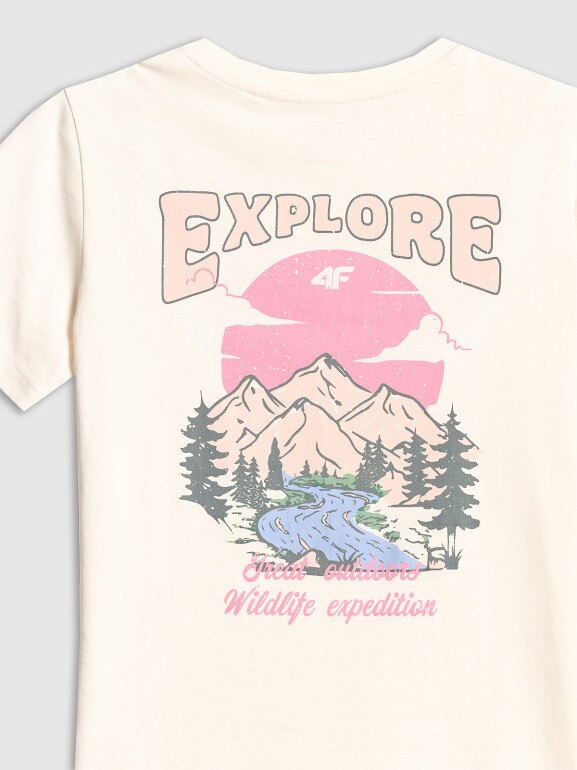 Dziewczęcy t-shirt z nadrukiem 4F 4FJWSS26TTSHF2886 - biały