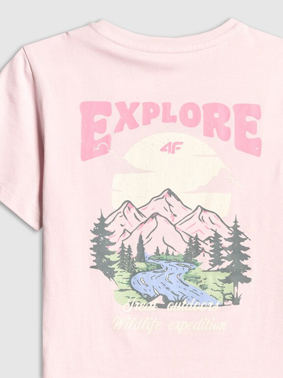 Dziewczęcy t-shirt z nadrukiem 4F 4FJWSS26TTSHF2886 - różowy