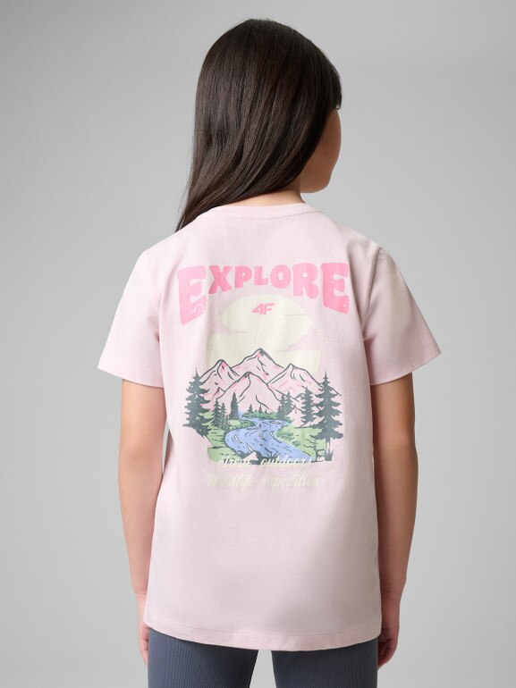 Dziewczęcy t-shirt z nadrukiem 4F 4FJWSS26TTSHF2886 - różowy