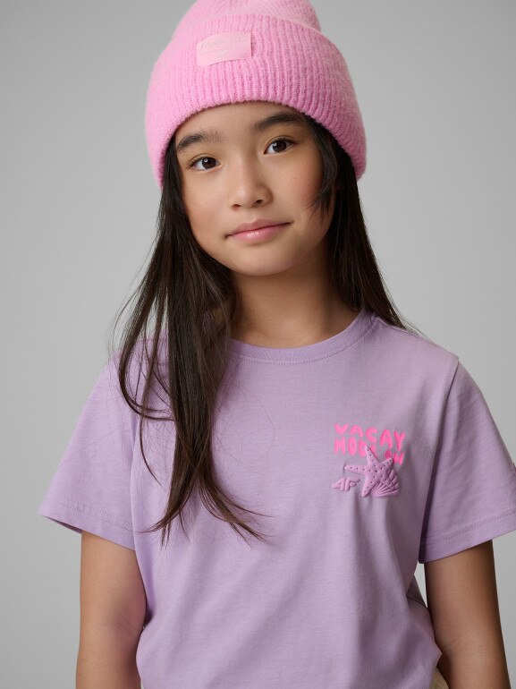 Dziewczęcy t-shirt z nadrukiem 4F 4FJWSS26TTSHF2939 - fioletowy