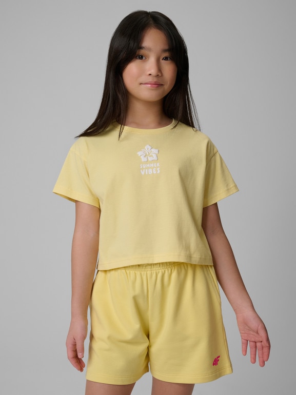 Dziewczęcy t-shirt z nadrukiem 4F 4FJWSS26TTSHF2941 - żółty