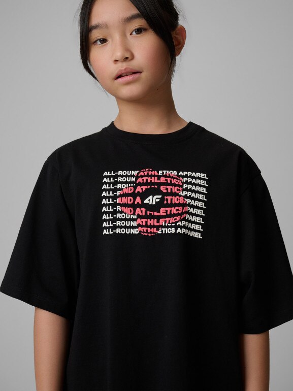 Dziewczęcy t-shirt z nadrukiem 4F 4FJWSS26TTSHF3302 - czarny