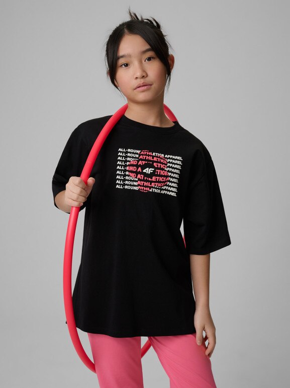 Dziewczęcy t-shirt z nadrukiem 4F 4FJWSS26TTSHF3302 - czarny