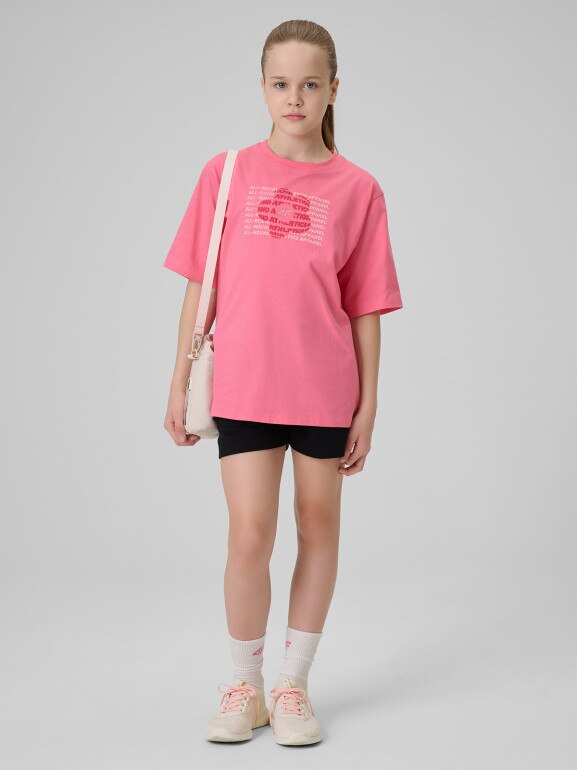 Dziewczęcy t-shirt z nadrukiem 4F 4FJWSS26TTSHF3302 - różowy