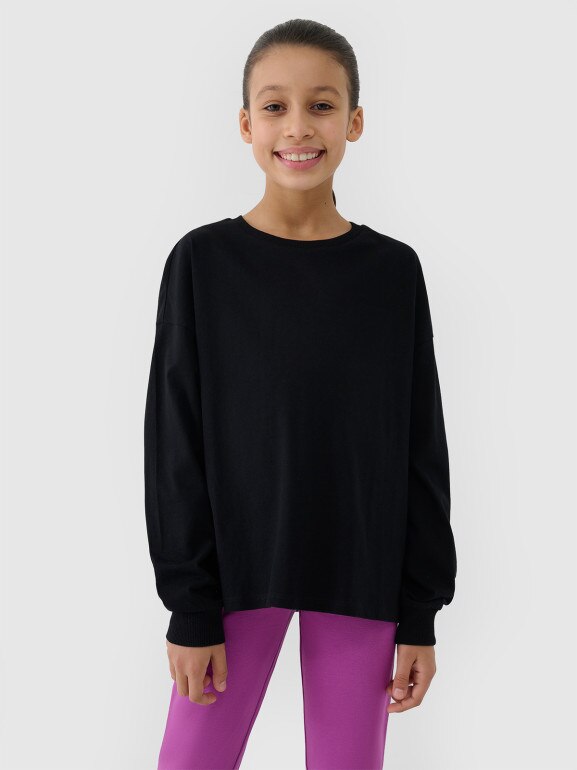 Dziewczęcy longsleeve gładki 4F 4FJWSS25TLONF377 - czarny
