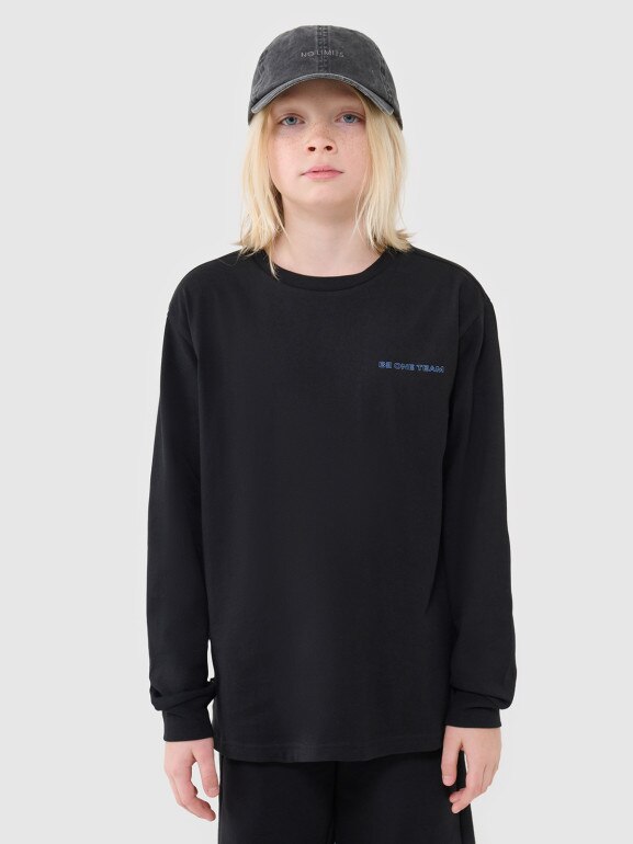 Chłopięcy longsleeve regular z nadrukiem 4F 4FJWSS25TLONM421 - czarny