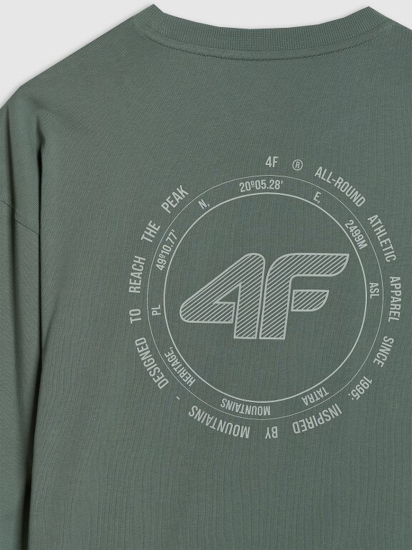 Męski longsleeve oversize z nadrukiem 4F 4FWAW25TLONM481 - oliwkowy