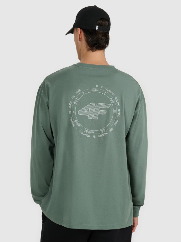 Męski longsleeve oversize z nadrukiem 4F 4FWAW25TLONM481 - oliwkowy