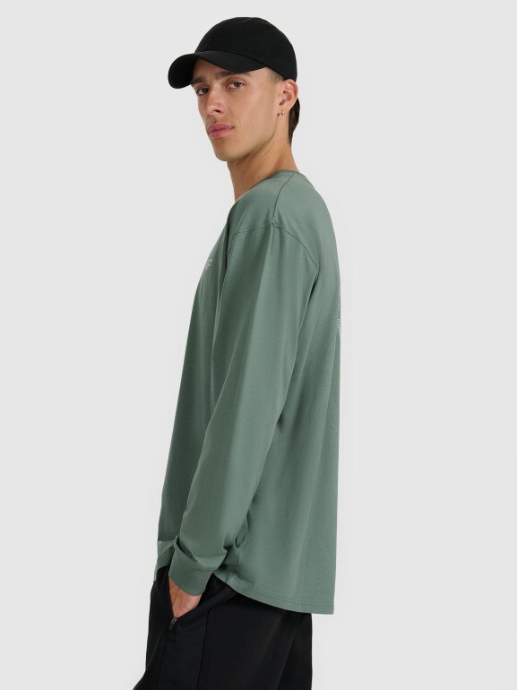 Męski longsleeve oversize z nadrukiem 4F 4FWAW25TLONM481 - oliwkowy