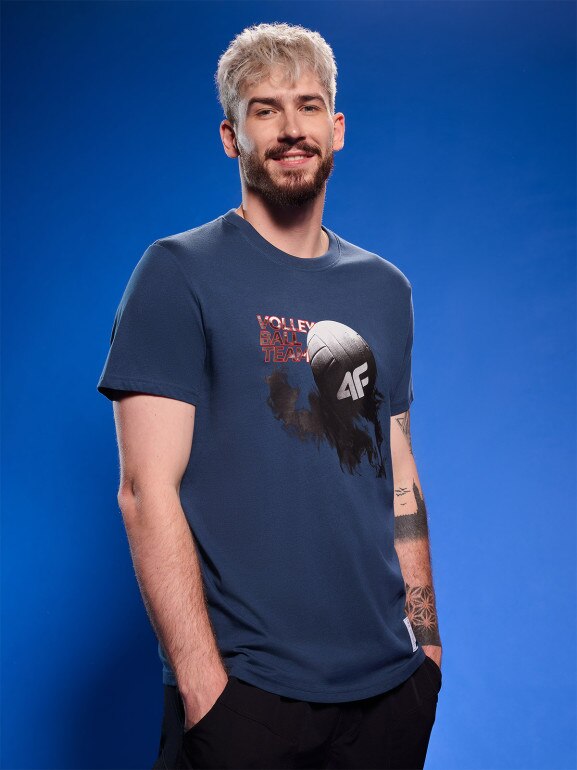 Męski t-shirt z nadrukiem 4F 4FRAW25TTSHM3235 - turkusowy