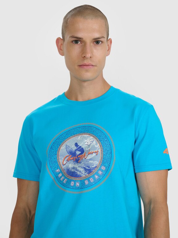 Męski t-shirt z nadrukiem 4F 4FRSS25TTSHM3155 - niebieski