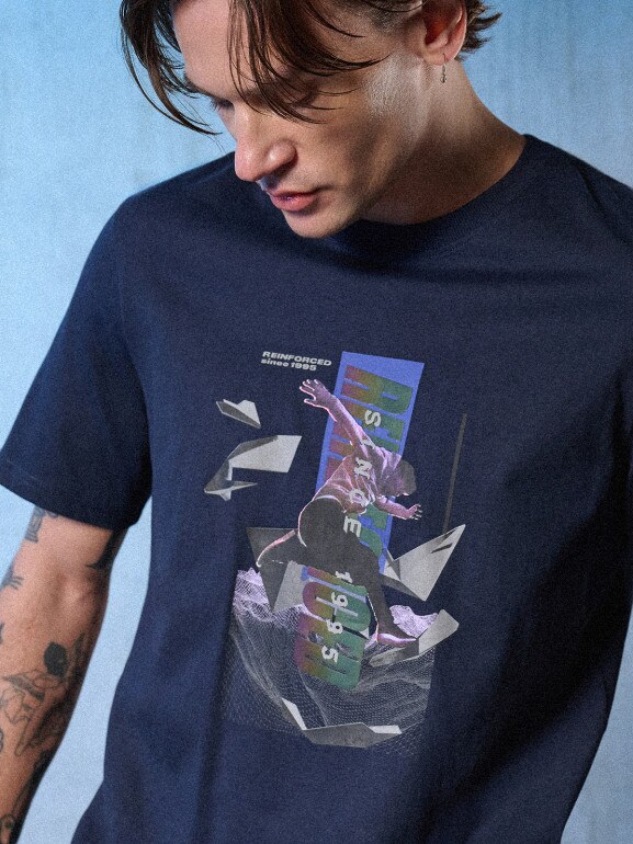Męski t-shirt z nadrukiem 4F 4FRSS26TTSHM3659 - granatowy