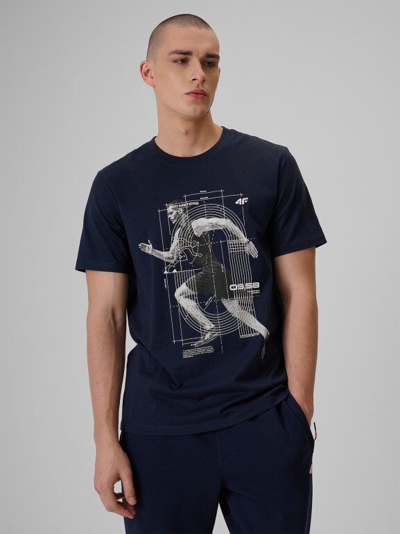 Męski t-shirt z nadrukiem 4F 4FRSS26TTSHM3802 - granatowy