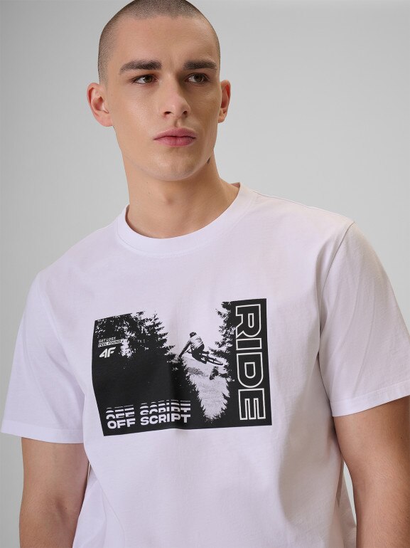 Męski t-shirt z nadrukiem 4F 4FRSS26TTSHM3878 - biały