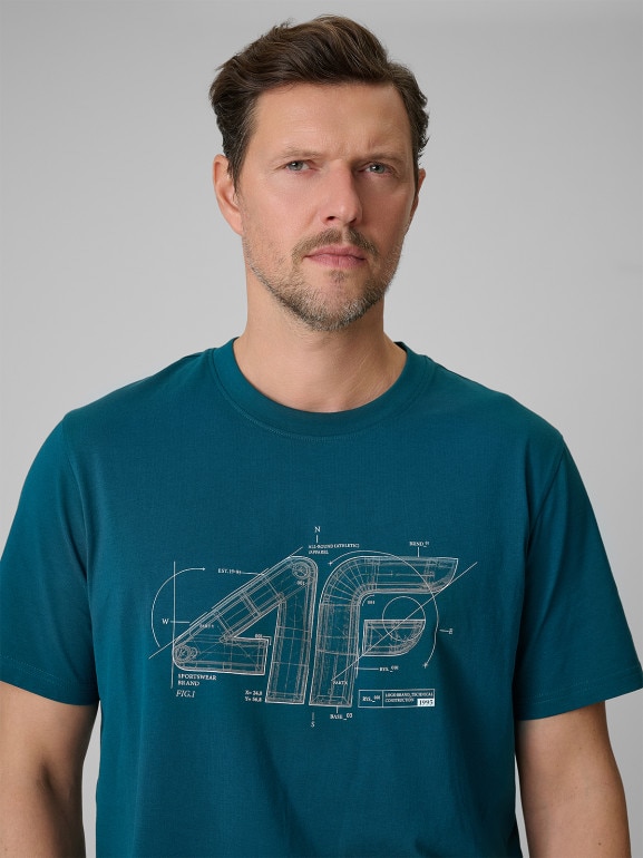 Męski t-shirt z nadrukiem 4F 4FRSS26TTSHM3989 - turkusowy