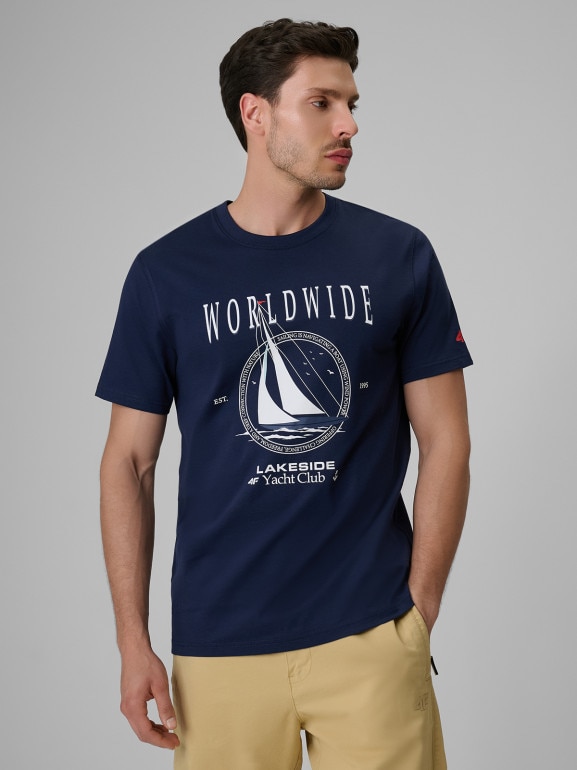 Męski t-shirt z nadrukiem 4F 4FRSS26TTSHM3993 - granatowy